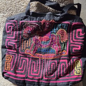 Vintage Mola Artisan Embroidered Black Tote Bag